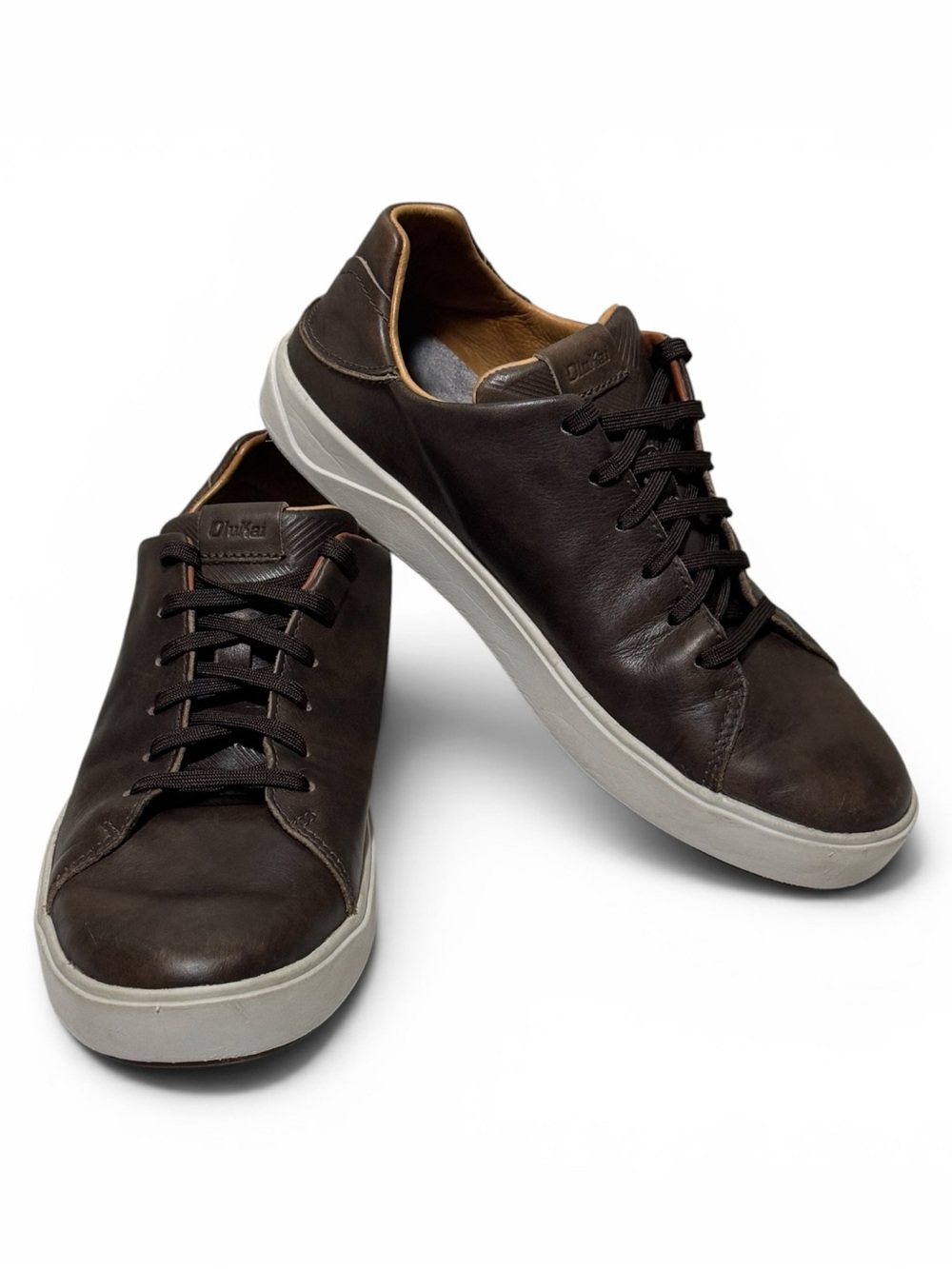 OluKai Men's Lae‘ahi Lī ‘Ili Leather Sneakers Dark Java Brown Size 8.5